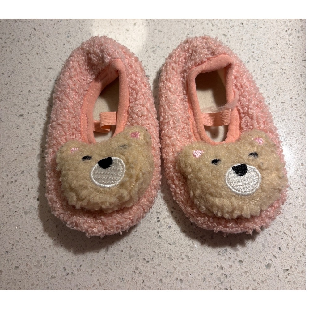 Pink Sherpa Bear Slippers Baby Toddler Fuzzy Non-Slip House Shoes 5.75" Outsole